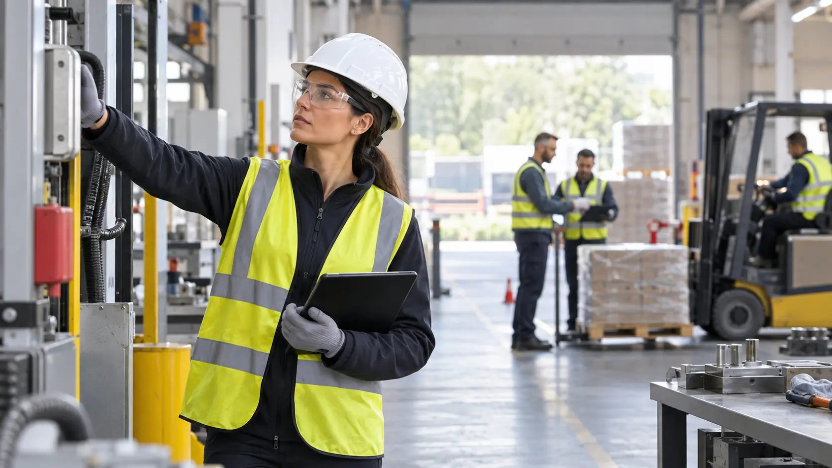 Responsable sécurité contrôlant des équipements dans un atelier industriel